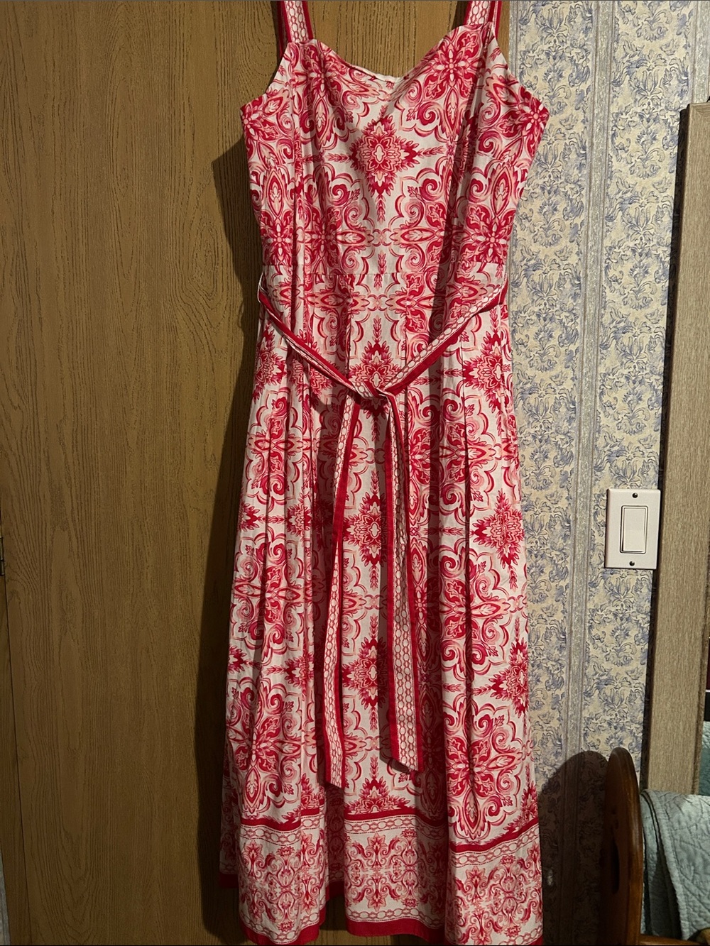 pink & White Printed Midi Dress with Tie Waist